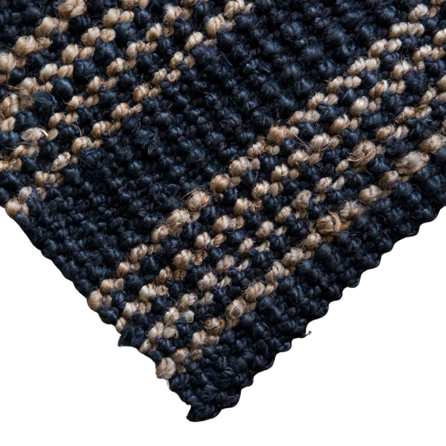 Close-up of the graphite Jones woven boucle texture and natural stripe.