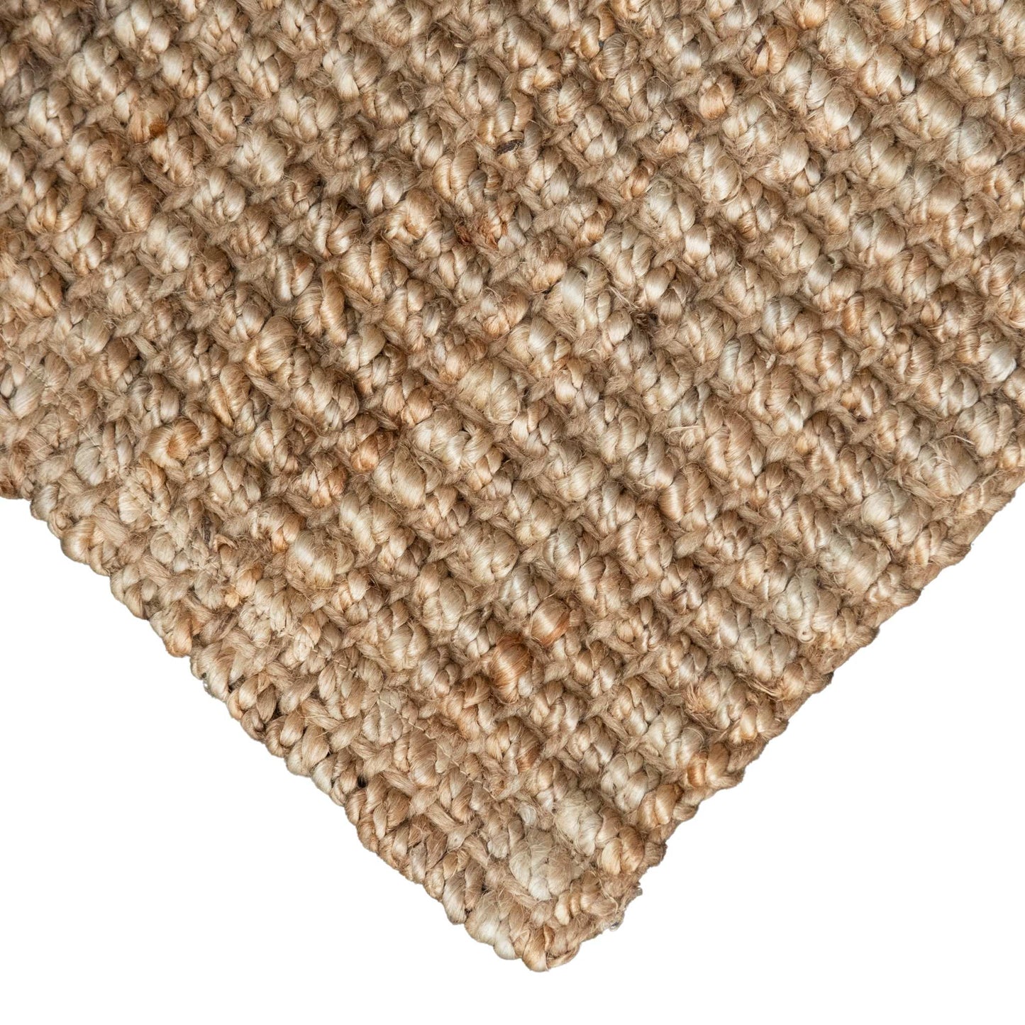 Close-up of Handcrafted natural, bouclé weave jute texture with white background.