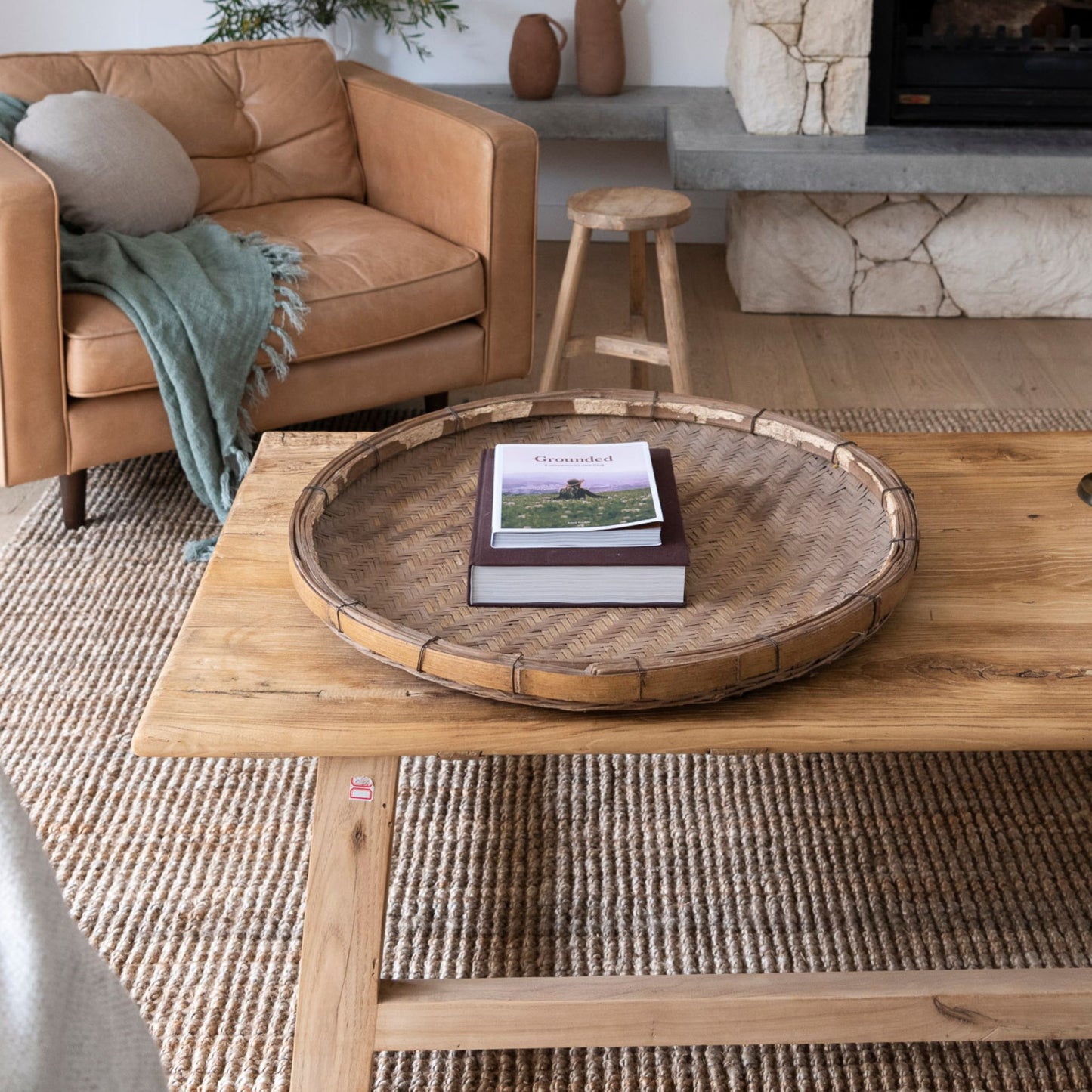 Close-up of Handcrafted natural chunky bouclé weave jute area rug.