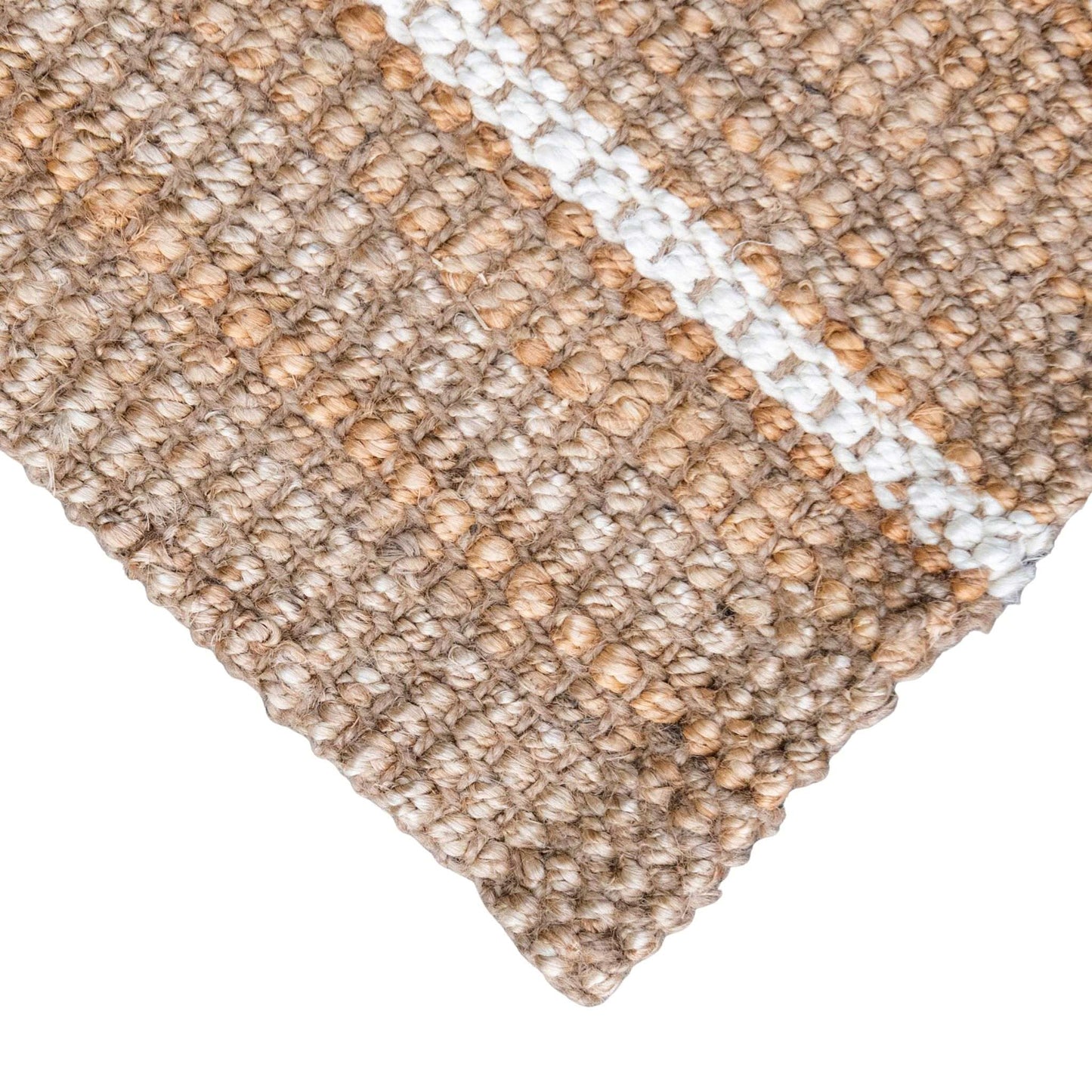 Close-up of the woven bouclé texture and white stripes on the Robinson jute runner rug with white background.