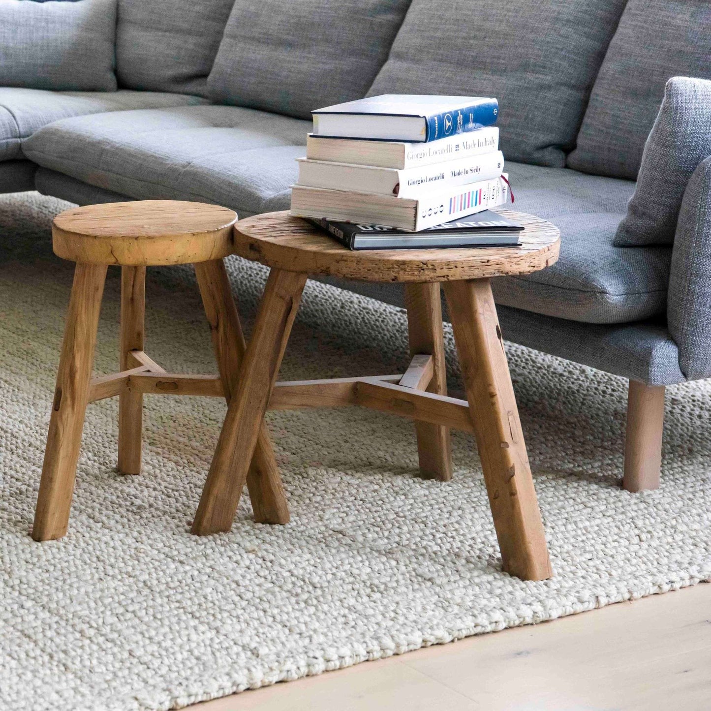 Close up of Vincent whitewashed, chunky jute bouclé, XL Area rug texture in a coastal style lounge on light timber floors.