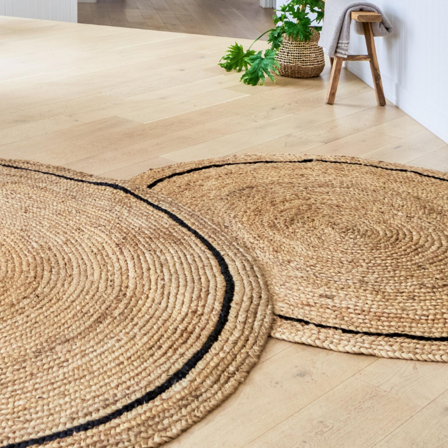 Two Cooper Cooper hand braided jute round rugs with a graphite border sitting on a wooden floor. 