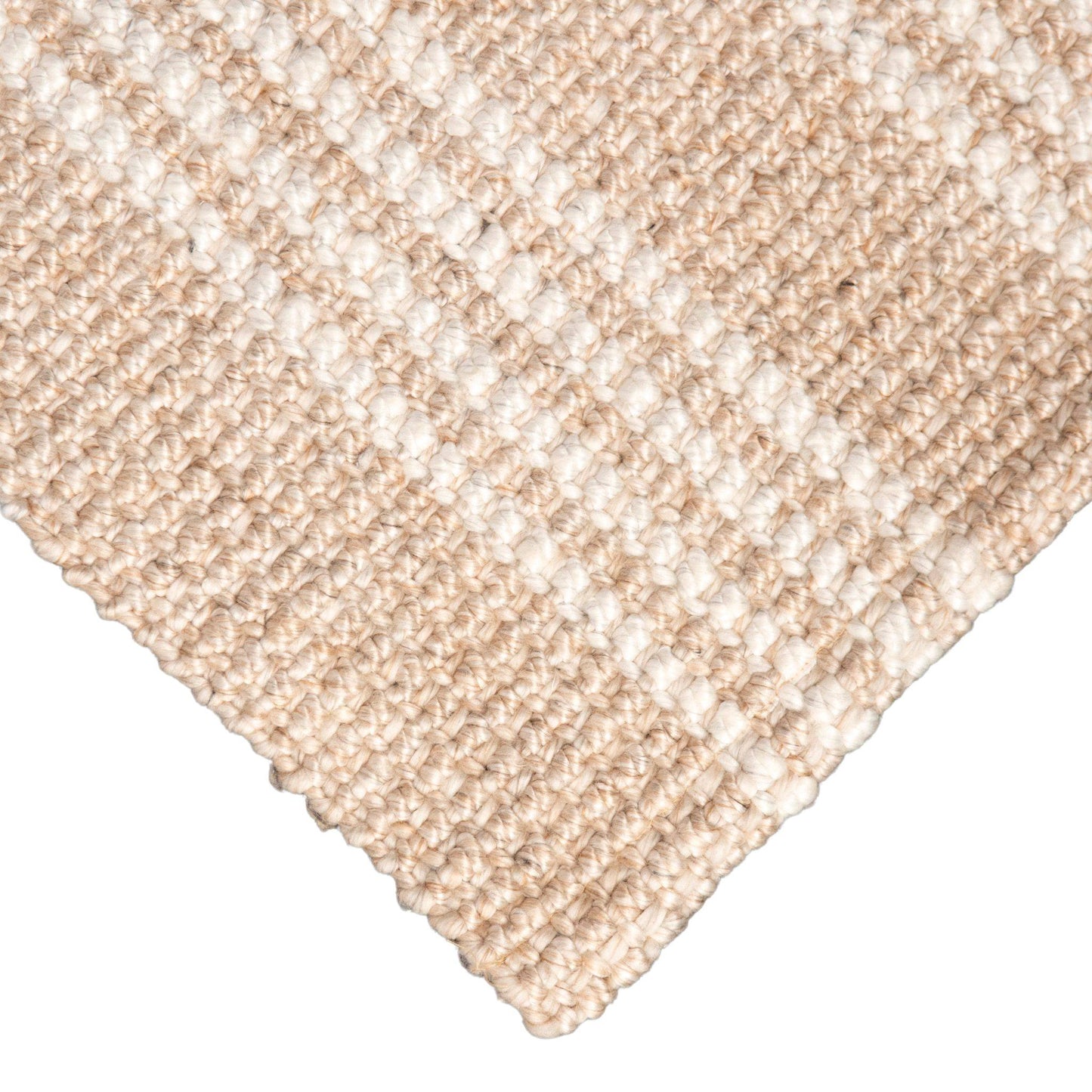 Close-up of Franklin flatweave rug, with natural and white stripes, made from 100% recycled PET on white background.