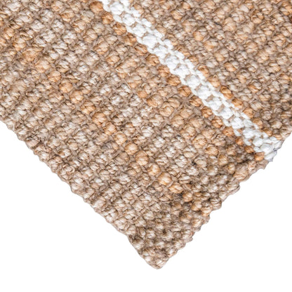 Close-up of the woven bouclé  texture and white stripes on the Robinson jute runner rug with white background.