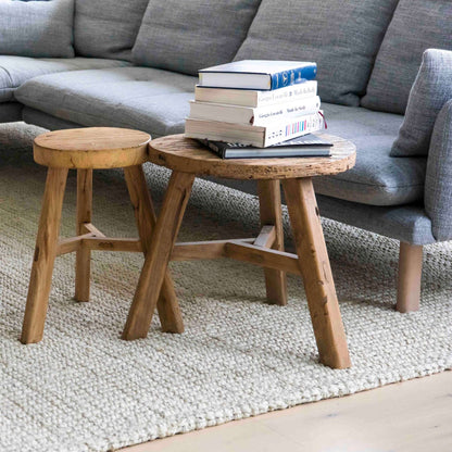 Close up of Vincent whitewashed, chunky jute bouclé, XL Area rug texture in a coastal style lounge on light timber floors.  