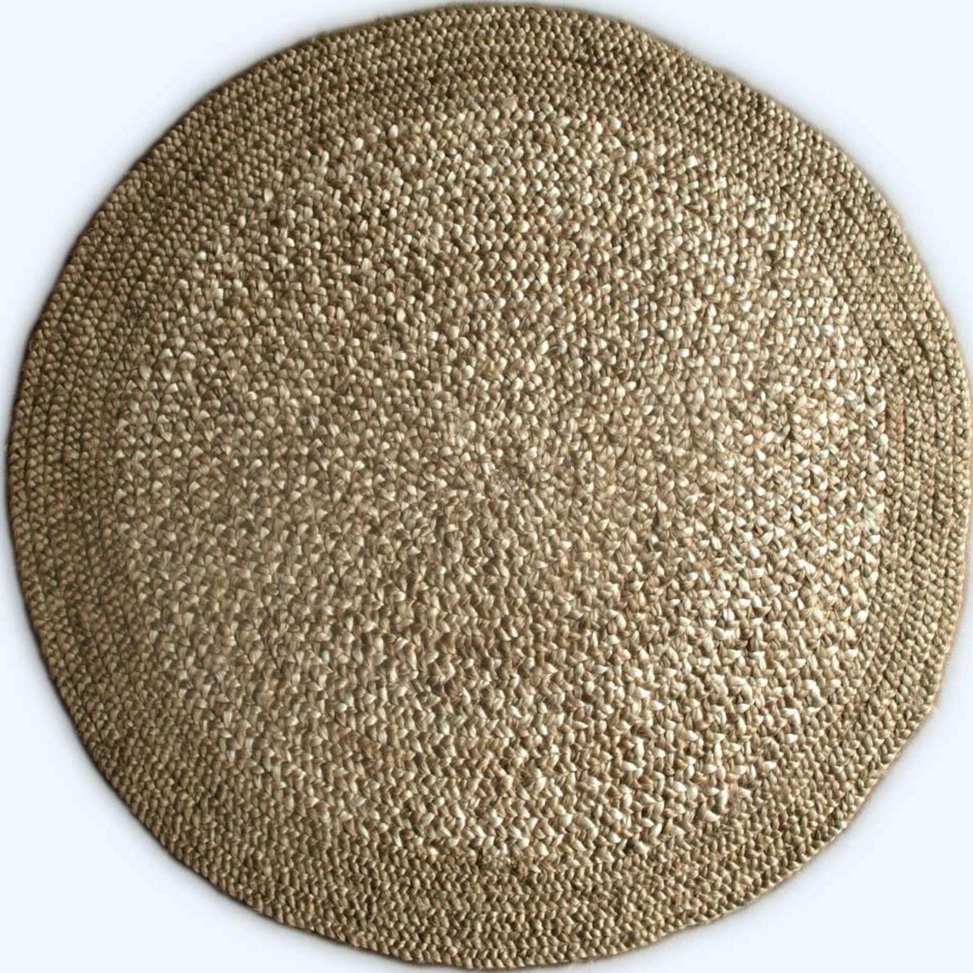 Close-up of Westmore hand-braided two toned natural, jute round rug with a border on a white background.